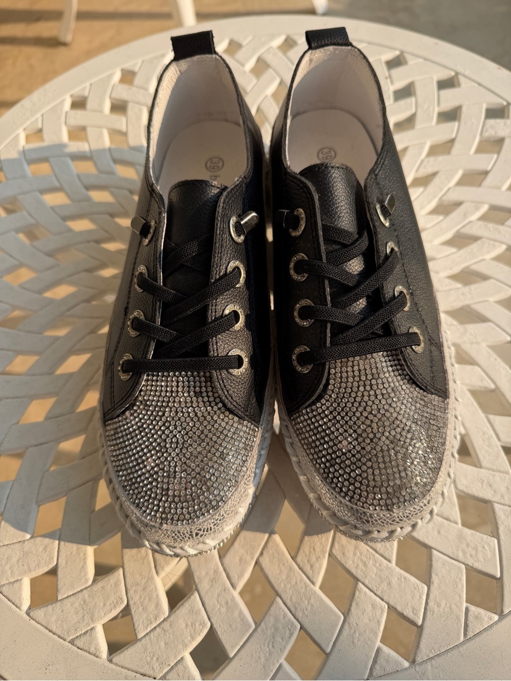 bernie mev. Black Sneakers with Silver Rhinestone Toe. Size 8.5 US women’s
